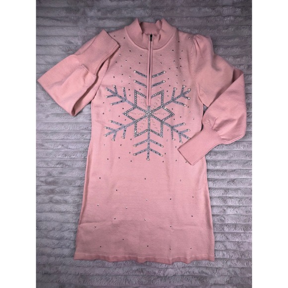 Boston Proper Sweater Dress Pink Pearl Shimmer Snowflake Half Zip  Medium Winter - Picture 3 of 10